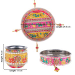 11 Pc Deep Pink Embroidery Karwa Chauth Thali Set