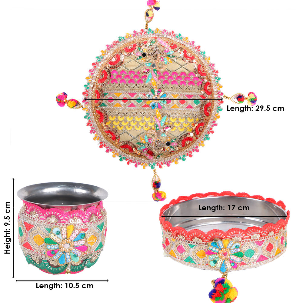 11 Pc Golden Criss Cross Peacock Designer Karwa Chauth Thali Set