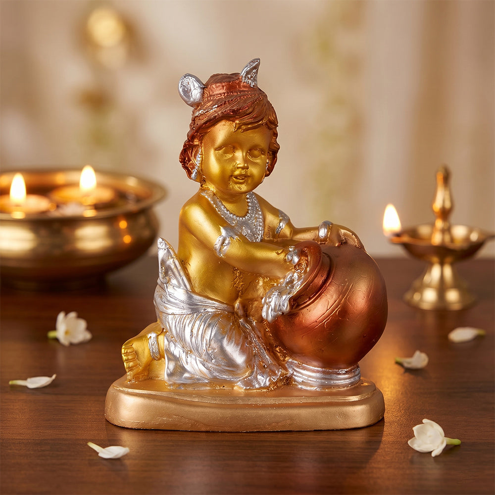 Premium Silver & Gold Antique Laddu Gopal Resin Statue