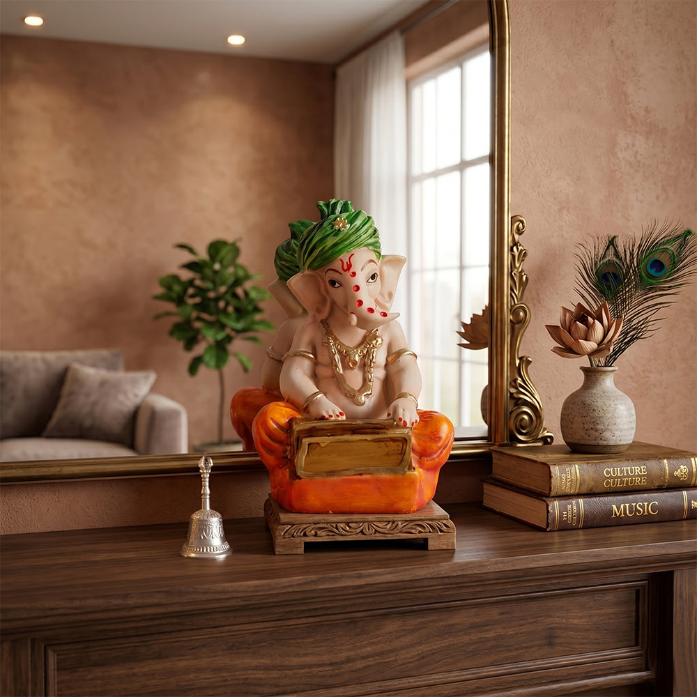 Playing Harmonium Hand-Painted Sitting Ganpati Statue