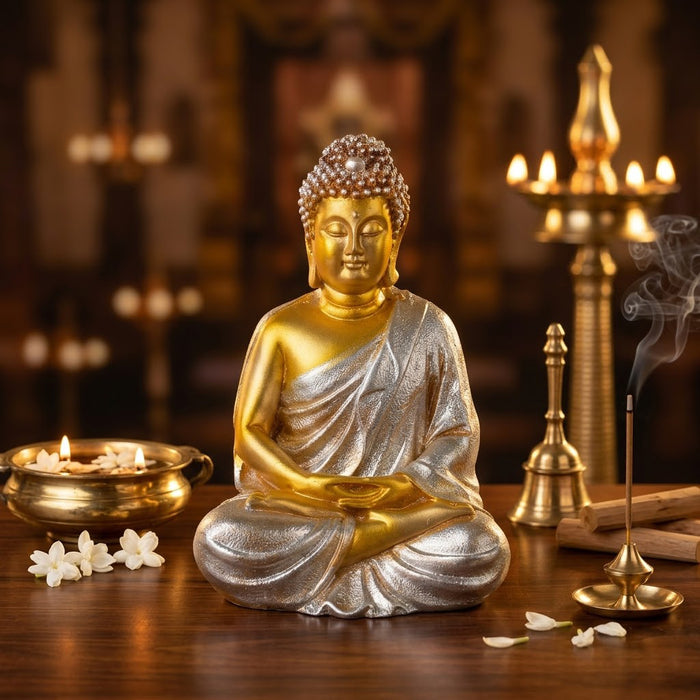 Meditating Gold & Silver Buddha Resin Statue