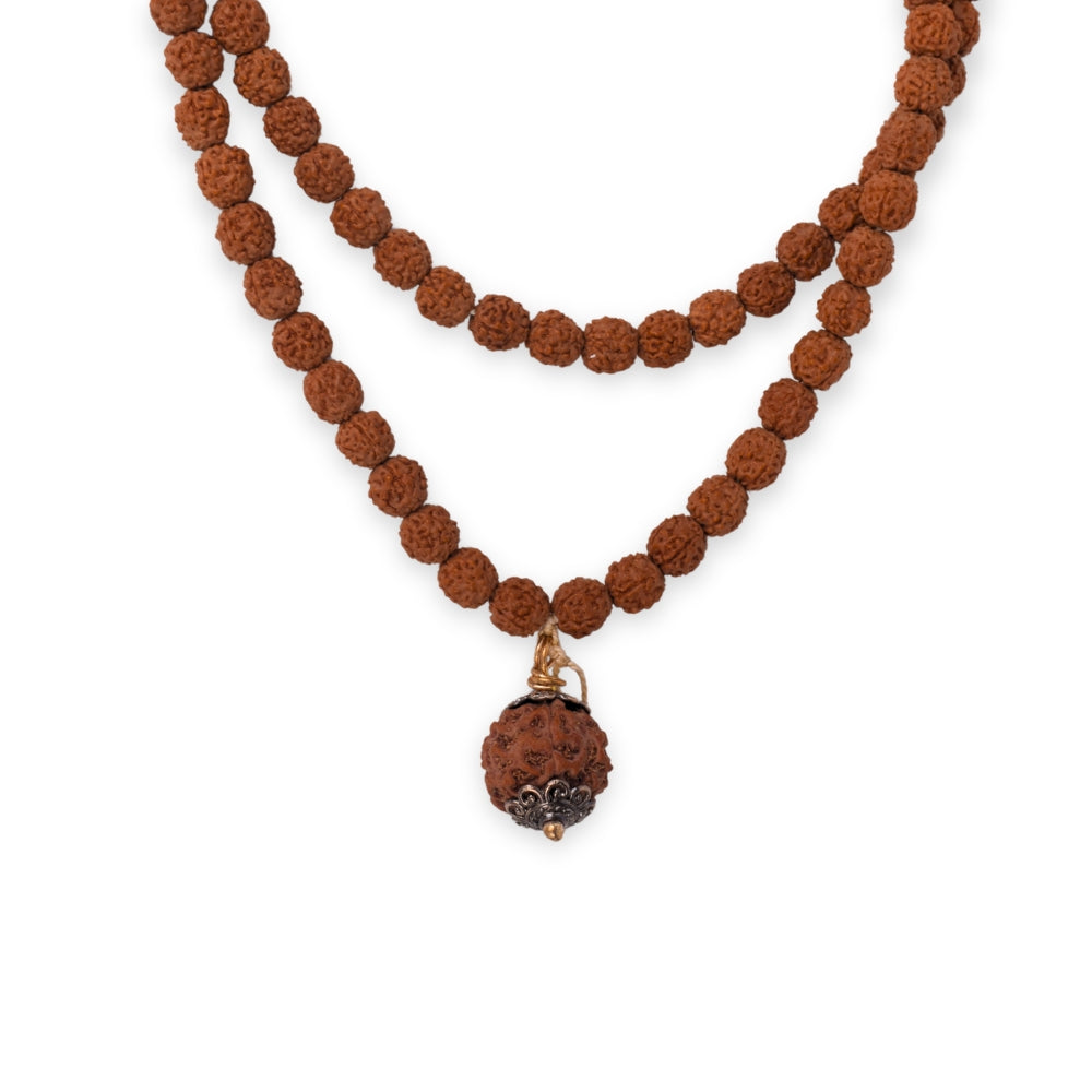 5 Mukhi Rudraksha Mala with Silver-Plated Capping Beads