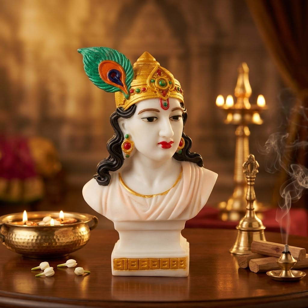 Premium Hand Painted Marble Dust Krishna Bust Statue