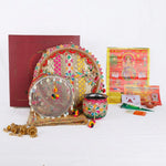 11 Pc Golden Criss Cross Peacock Designer Karwa Chauth Thali Set