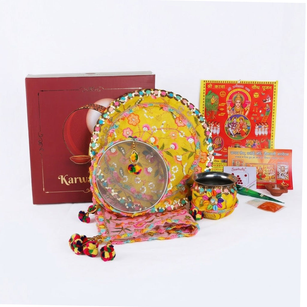 11 Pc Elegant Yellow & Pink Embroidery Karwa Chauth Thali Set