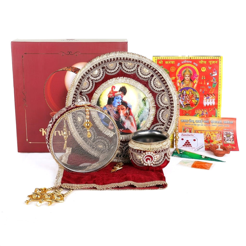 11 Pc Maroon Embroidery Karwa Chauth Thali Set