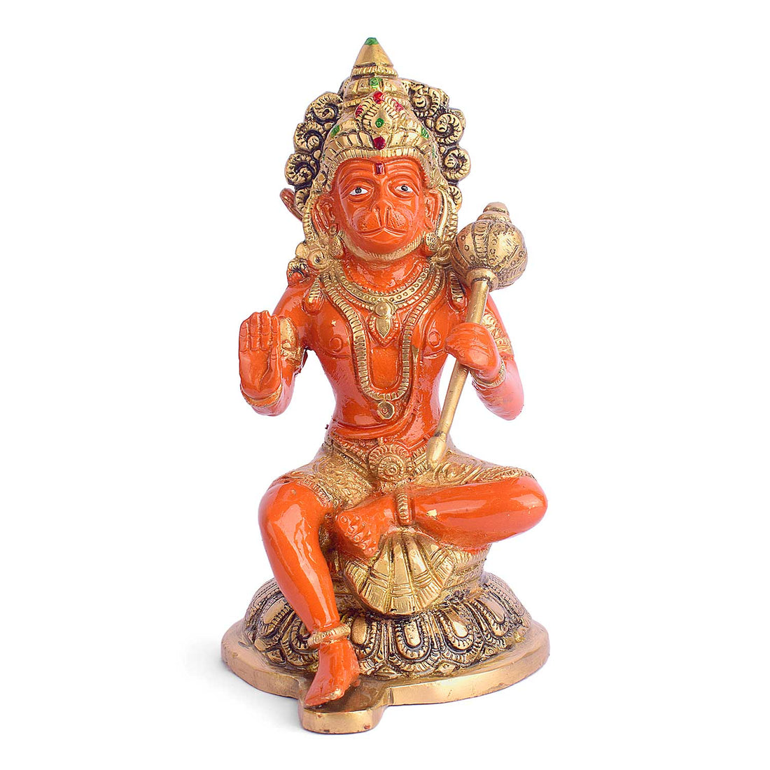 7.9 Inch Shree Kesari Hanuman Sitting Brass Idol with fine detailing, symbolizing strength, devotion, and protection – perfect for pooja room, home temple, or as a spiritual gift. No.1 Brass Idol Store www.satvikstore.in 