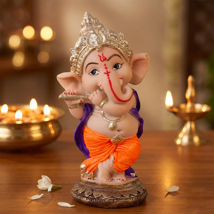 Premium Hand-Painted Playing Flute Resin Ganpati Statue