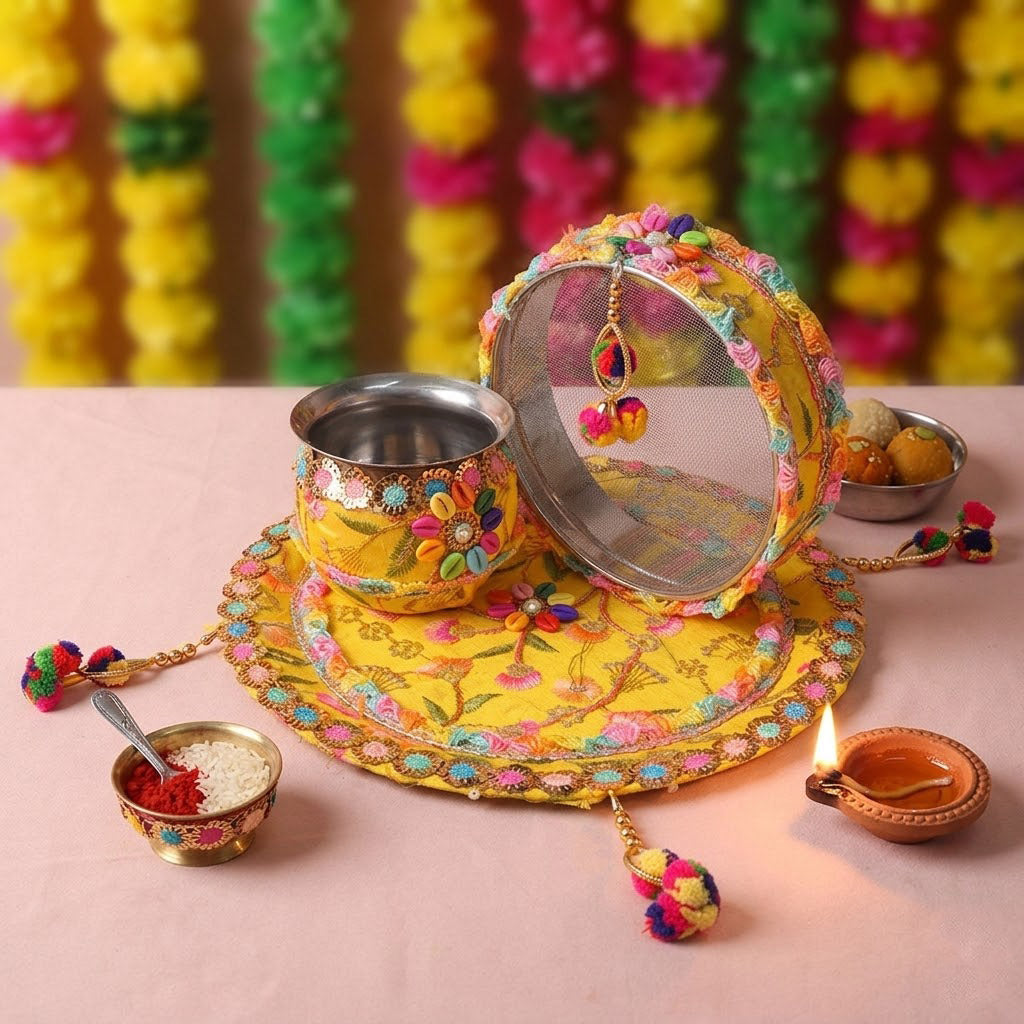 11 Pc Elegant Yellow & Pink Embroidery Karwa Chauth Thali Set