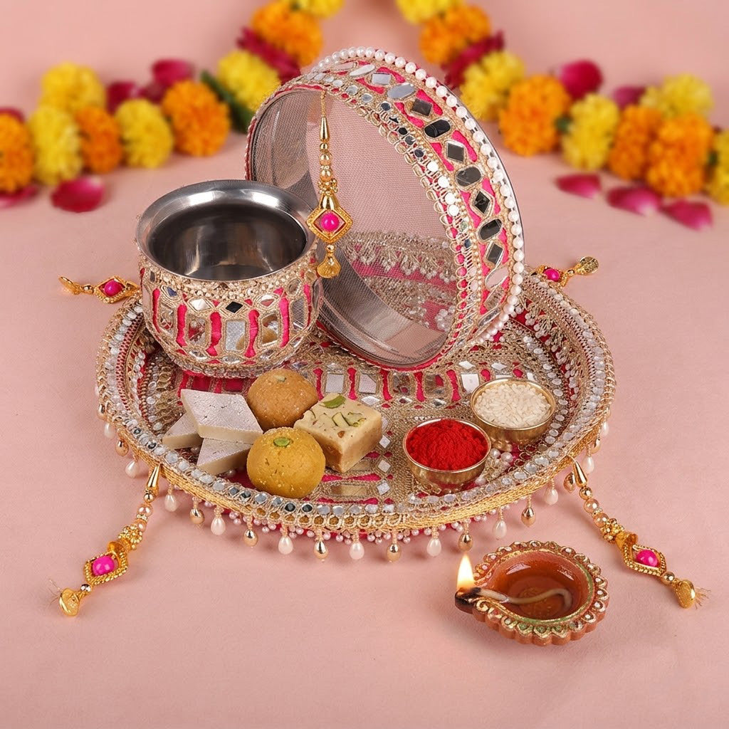 11 Pc Pink Embroidery Karwa Chauth Thali Set