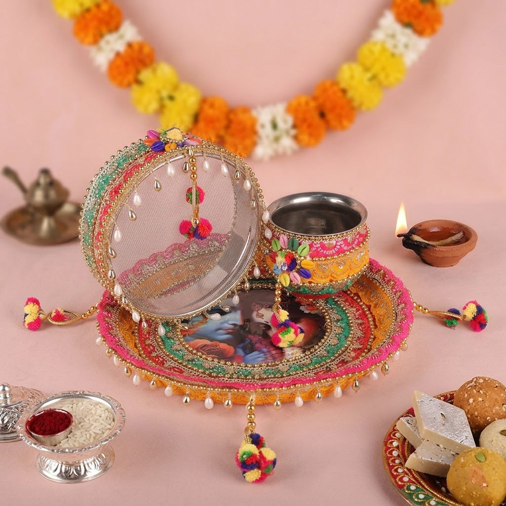 11 Pc Vibrant Red Radha Krishna Designer Karwa Chauth Thali Set