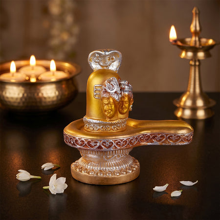 Premium Silver & Gold Shivling Resin Statue