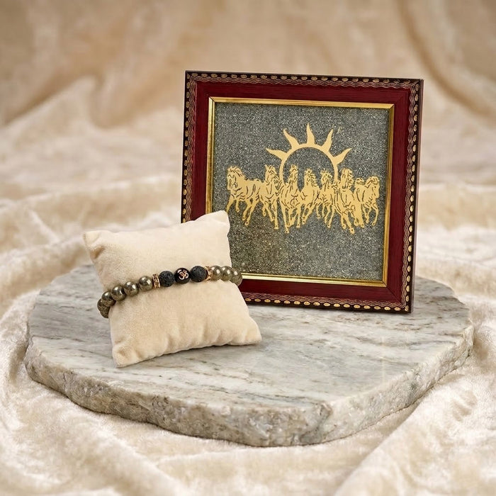 7 Horse Pyrite Frame with Lava Om Bracelet Combo for Home and Office Positive Energy India’s Largest Puja Accessories Brand- www.satvikstore.in