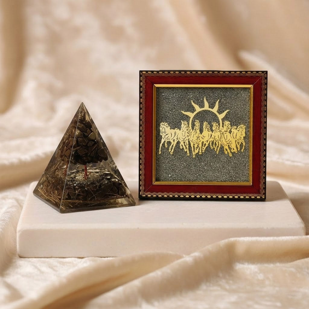 7 horses raw pyrite frame pyrite tree pyramid success strength wealth combo. India’s Largest Puja Accessories Brand- www.satvikstore.in