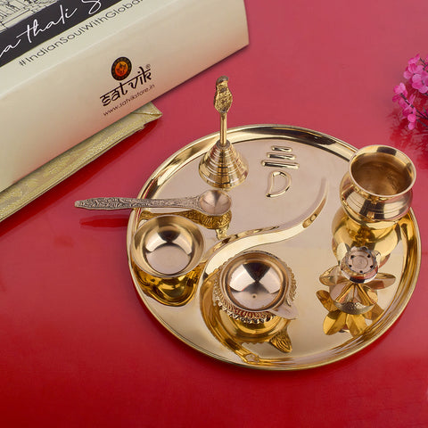 7 Piece Brass Designer Pooja Thali Set (8.5 Inch - 9 Inch) Design 6