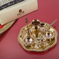 Buy 7 Piece Brass Pooja Thali Set (7.5–8 inch) with Om, Laxmi, and Ganesh design – perfect for daily pooja, Diwali rituals, and auspicious spiritual gifting - Satvikstore.in