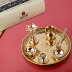 7 Piece Brass Om Shubh Labh Pooja Thali Set (9 Inch - 10 Inch) Design 5 Ideal for Diwali, Lakshmi Pooja, daily rituals, and gifting for prosperity and blessings - Satvikstore.in