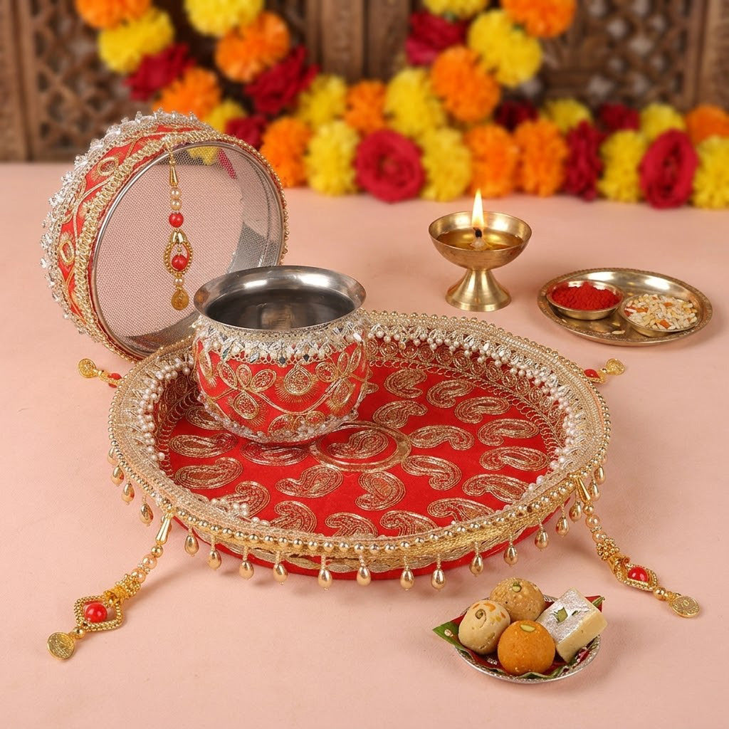11 Pc Red Embroidery Karwa Chauth Thali Set