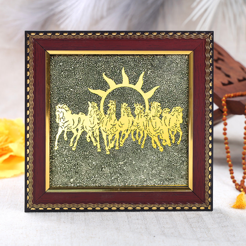 7 Horses on Raw Pyrite Frame Vastu decor for wealth and success