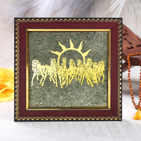 7 Horses on Raw Pyrite Frame Decorative Spiritual Piece