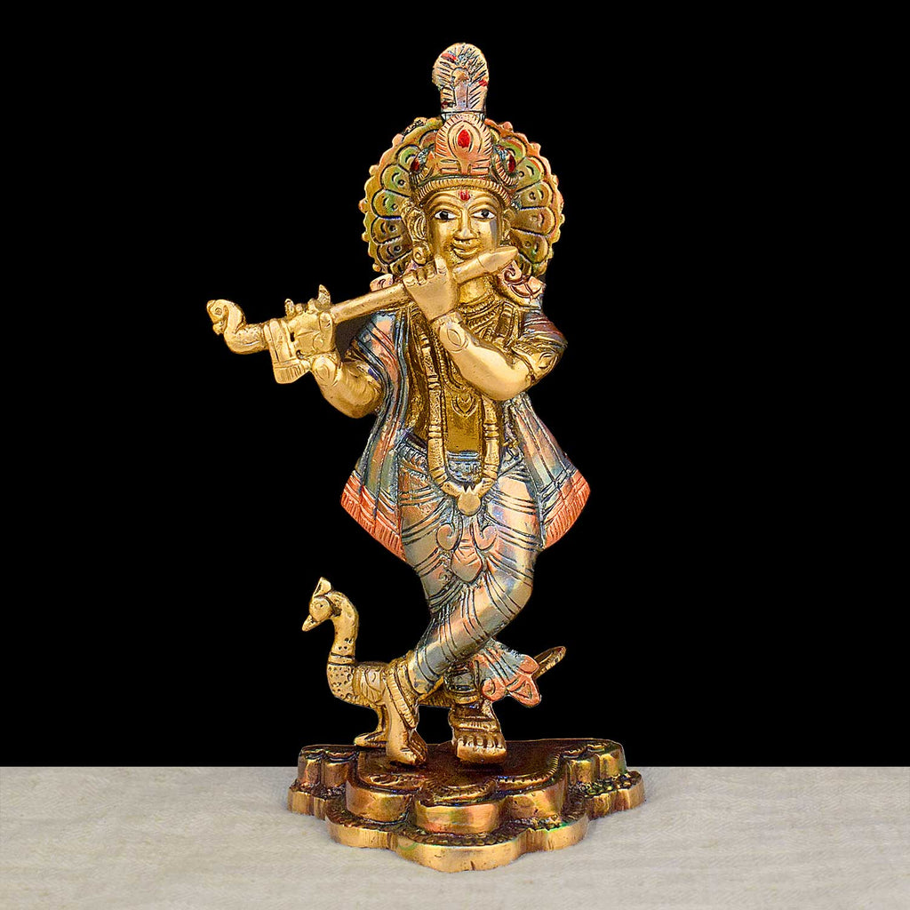 8.1-inch Lord Krishna brass murti featuring intricate detailing, perfect for spiritual home decor, temple worship, and devotional gifting. India’s Largest Brass Idols Brand - www.satvikstore.in
