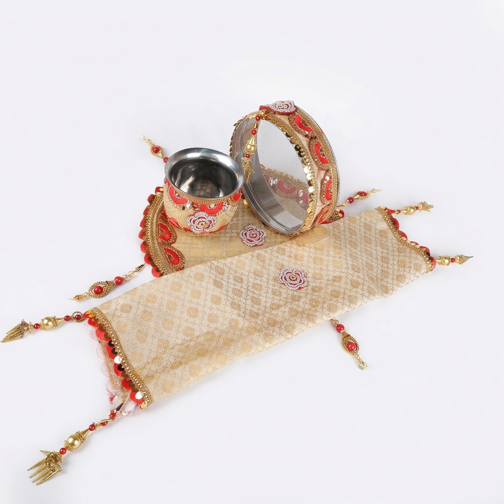 11 Pc Golden Grace Floral Karwa Chauth Thali Set
