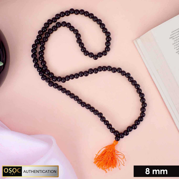 8mm government-certified original ebony mala with 108+1 glossy beads, ideal for japa, meditation, and improving focus.India’s Premium Jap Mala Store - www.satvikstore.in