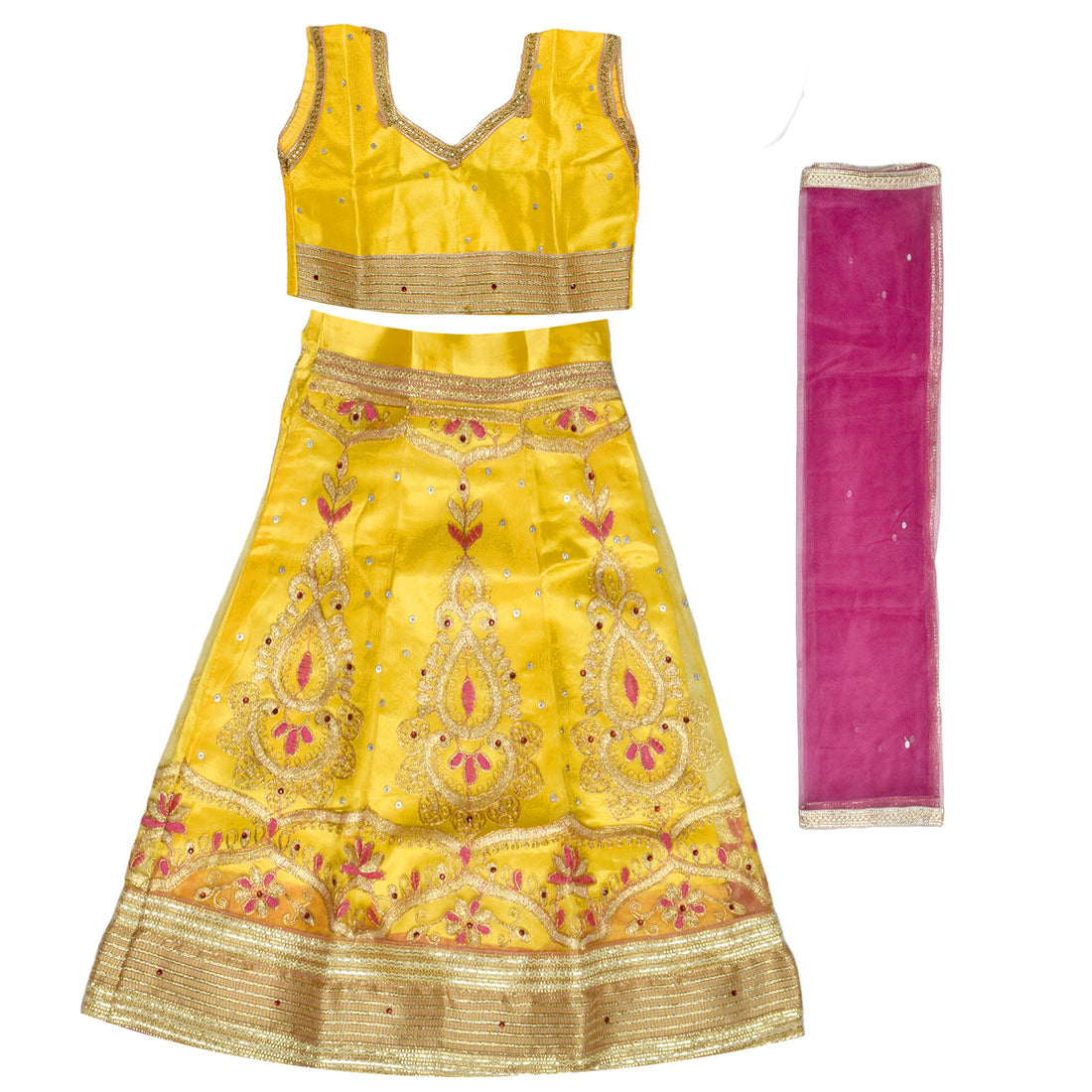 Yellow Radha Dress – Satin & Net Lehenga with Embroidery