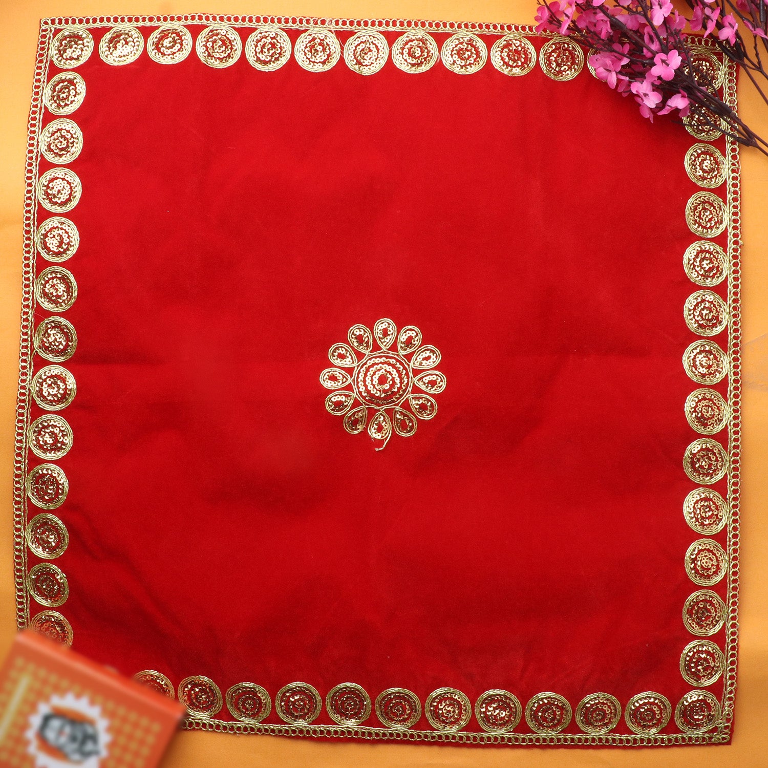 Artistic Red Velvet Puja Aasan (42 x 42 Cms) Set of 4, a set of four beautifully crafted red velvet prayer mats, designed for pooja and spiritual ceremonies, offering both comfort and a touch of elegance. 
India’s Largest Pooja Accessories Brand – www.satvikstore.in 