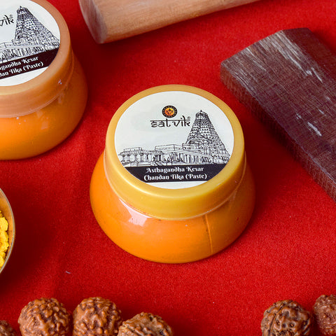 Ashtagandha Kumkum Chandan Tika Paste is a sacred blend of chandan and kumkum, ideal for tilak application during spiritual practices, poojas, and religious rituals, symbolizing purity and blessings – India’s Largest Pooja Accessories Brand – www.satvikstore.in