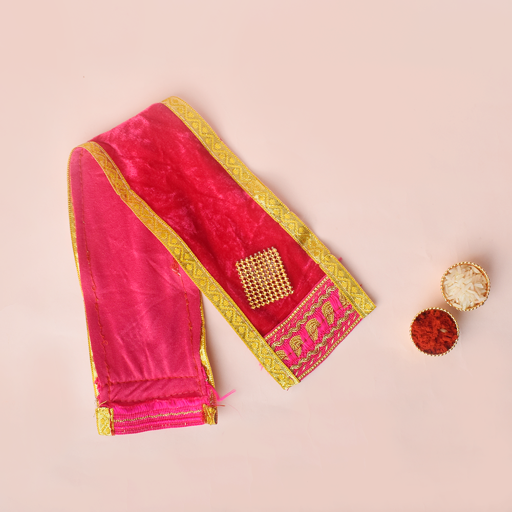 Premium Pink Velvet Ganpati Idol Patka with Beaded Work - 15 Inch