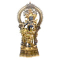 Large Brass Idol of 32 Inch Lord Krishna Stands on an Engraved Base with Frame Lord Krishna. Bring divine elegance into your home with this stunning 32-inch Lord Krishna statue. Expertly crafted with intricate details, the statue beautifully portrays Lord Krishna in a serene and graceful stance. The engraved base adds a touch of traditional artistry, while the surrounding frame enhances its majestic presence.