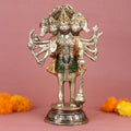 10.2-inch handcrafted brass Panchmukhi Hanuman statue in standing pose, showcasing divine power and intricate detailing for spiritual home décor. No.1 Brass Idol Store www.satvikstore.in 
