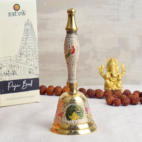 Beautiful handcrafted white brass puja bell designed for devotional rituals, featuring elegant craftsmanship and a pure, traditional finish. India’s Largest Pooja Accessories Brand – www.satvikstore.in