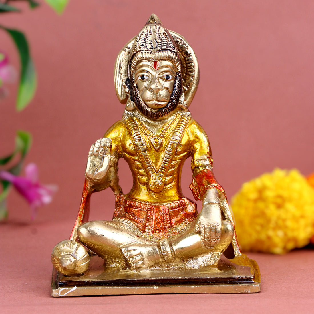 4.7 Inch Blessed Brass Hanuman Idol showcasing divine strength and devotion, perfect for home mandir, spiritual gifting, and daily worship rituals. No.1 Brass Idol Store www.satvikstore.in 
