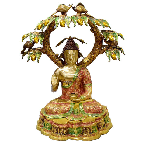 30 Inch Large Brass Buddha Under Mango Tree with Birds Statue – Symbolizing Peace, Harmony, and Enlightenment for Home or Temple Decor. India's Largest Puja Accessories Brand - Satvik No. 1 Brass Idol Collection 

