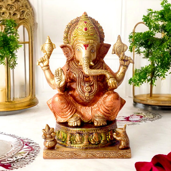 8.7 Inch Vibrant Colored Brass Ganesh Statue