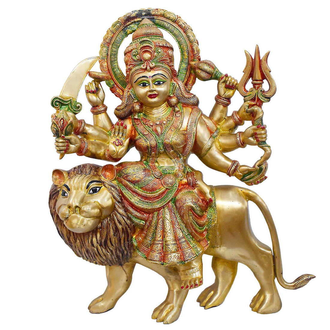 Handcrafted brass statue of Durga Maa seated on her lion vahana, holding multiple weapons including a sword and trident, glossy finish, weight 24850 grams, height 60 cm (approximately 23.62 inches), length 42 cm (approximately 16.54 inches). Best for VIP Gift, best for big premium gift, best for your temple. India's Largest Puja Accessories Brand - Satvik No. 1 Brass Idol Collection  