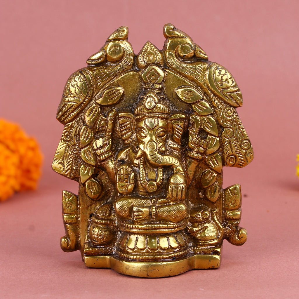 4.5 Inch Brass Ganesh Idol with detailed craftsmanship, seated in a blessing posture – symbol of wisdom and prosperity, perfect for home temple, office desk, or festive gifting. No.1 Brass Idol Store www.satvikstore.in 
