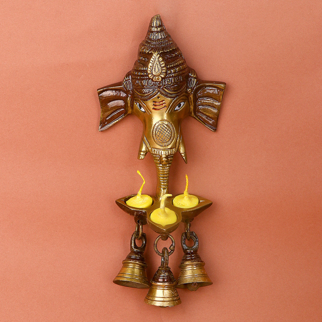 8.8 Inch Brass Ganesh Wall Hanging with attached bell and diya – beautifully handcrafted, ideal for spiritual wall décor, entrance positivity, and festive ambiance. No.1 Brass Idol Store www.satvikstore.in 