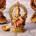 9.2 Inch Brass Goddess Saraswati Statue depicting the deity seated gracefully with veena, symbolizing wisdom, knowledge, and arts, ideal for home temple or study décor. No.1 Brass Idol Store www.satvikstore.in 