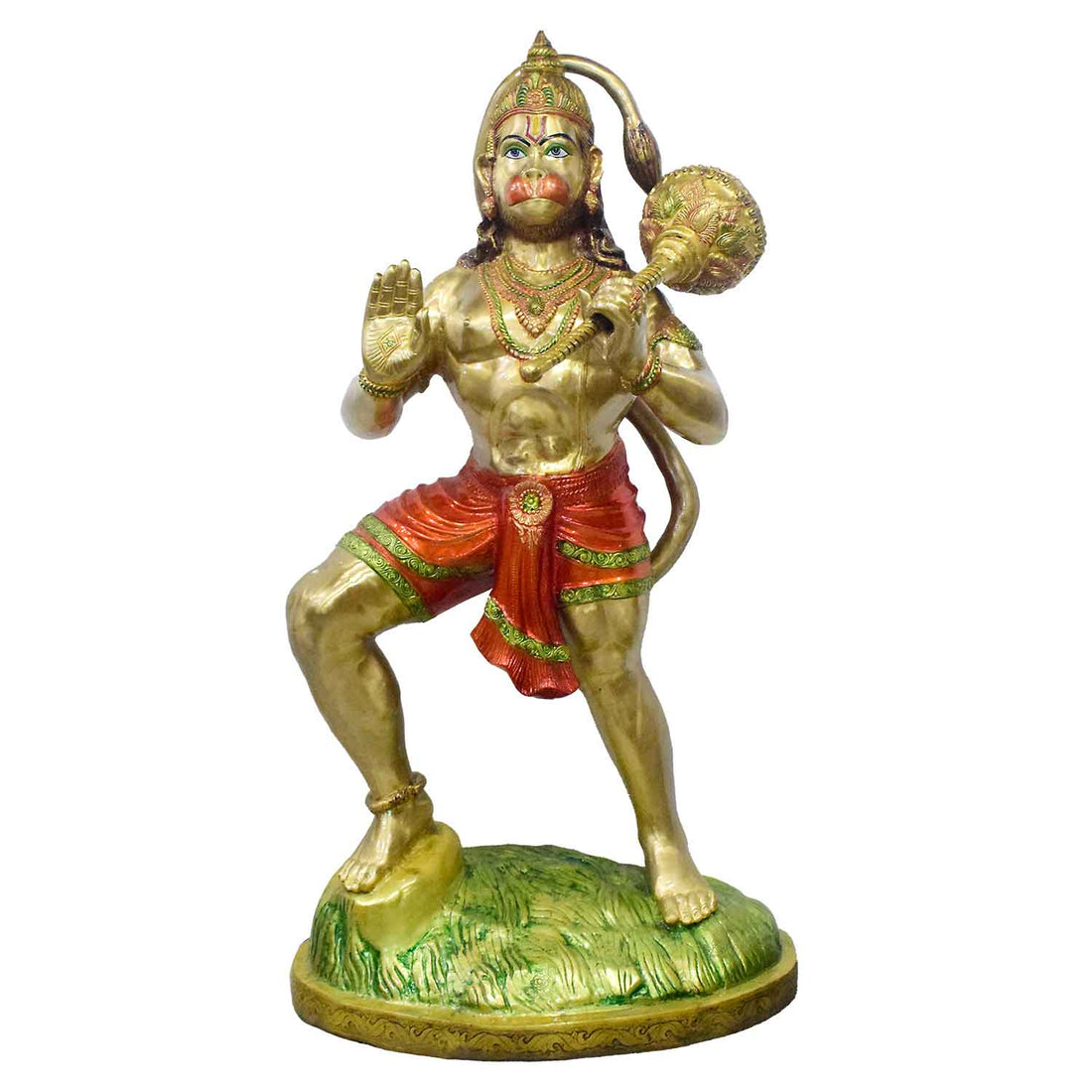 74 Inch Brass Hanuman Statue in Dynamic Pose Holding Gada – Symbol of Strength, Devotion, and Protection for Temples or Grand Spiritual Spaces. India's Largest Puja Accessories Brand - Satvik No. 1 Brass Idol Collection 

