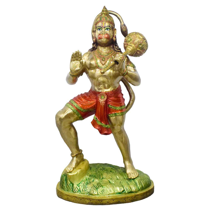 74 Inch Brass Hanuman Statue in Dynamic Pose Holding Gada – Symbol of Strength, Devotion, and Protection for Temples or Grand Spiritual Spaces. India's Largest Puja Accessories Brand - Satvik No. 1 Brass Idol Collection 

