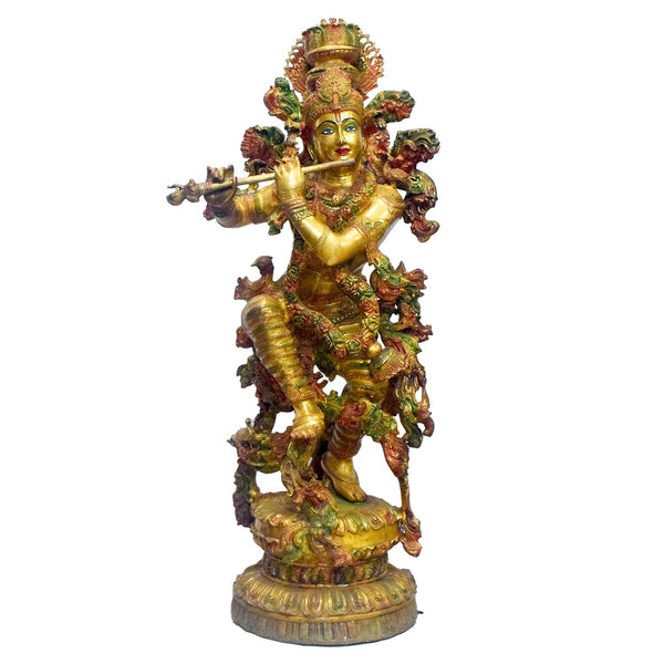 43 Inch Large Brass Krishna Flute Player Statue - Tribhanga Pose