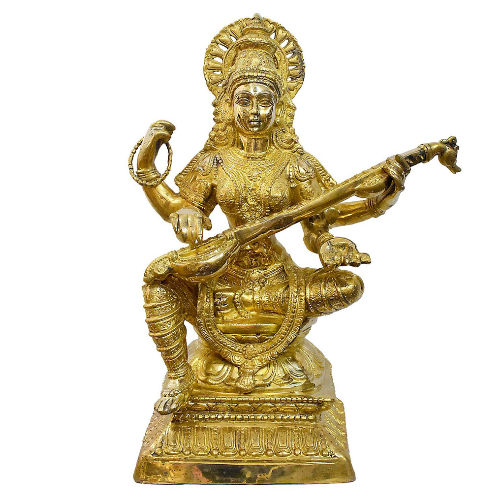 Handcrafted Large Brass Saraswati Idol | Best for VIP Gift & Big Premium Gift | Divine Goddess Saraswati Statue with Glossy Finish | 75 cm Height, 30.65 kg Weight | Best for Your Temple & Home Puja Decor | High-Quality Brass Murti for Worship | India's Largest Puja Accessories Brand - Satvik No. 1 Brass Idol Collection 
