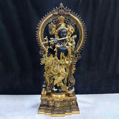 32 Inch Lord Krishna Stands on an Engraved Base with Frame