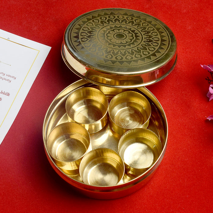 Brass Pooja Samagridaan is a five-container organizer designed for storing essential puja items, ensuring an organized and sacred setup for your rituals and prayers – India’s Largest Pooja Accessories Brand – www.satvikstore.in