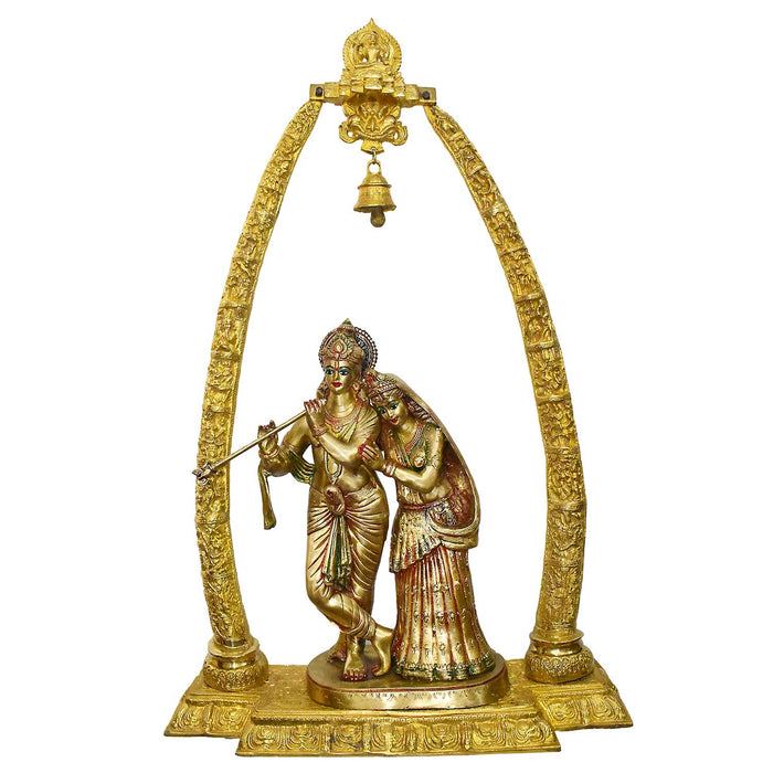 Handcrafted Brass Radha Krishna Idol with Bell Arch | Glossy Finish Divine Decor | Premium Radha Krishna Murti in High-Quality Brass | Length 73 cm, Height 113 cm | Best for VIP Gift, Big Premium Gift & Temple Installations | Ideal for Home Mandir, Wedding Gifting & Festive Decoration | India's Largest Puja Accessories Brand - Satvik No. 1 Brass Idol Collection 
