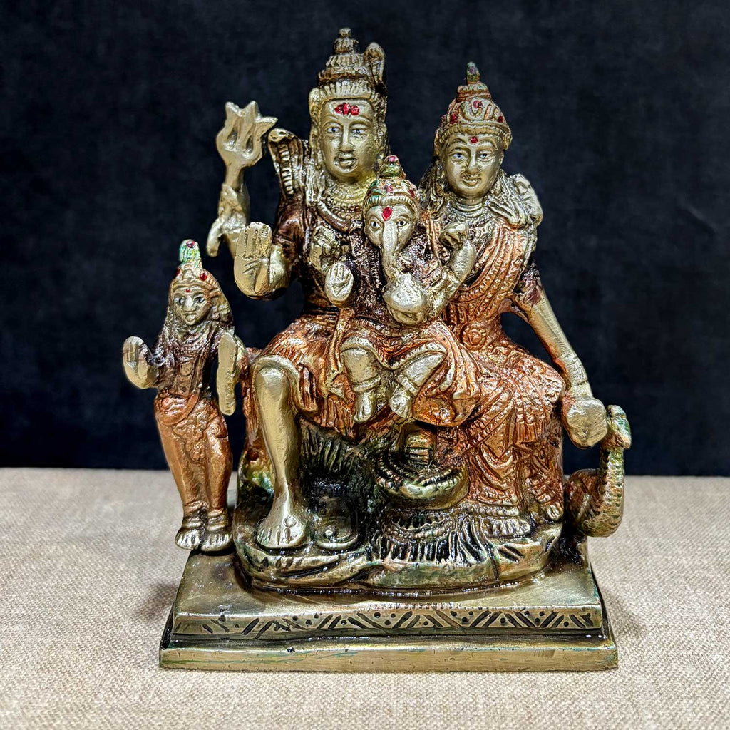 5.5 Inch Shiv Family Statue – Handcrafted Divine Brass Sculpture Depicting Lord Shiva, Goddess Parvati, Lord Ganesha, and Kartikeya, Symbolizing Unity, Strength, and Blessings for Home Temple. No.1 Brass Idol Store www.satvikstore.in 