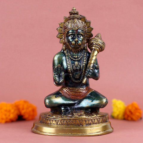 7 Inch Brass Sitting Posture Hanuman Statue – Handcrafted Idol of Lord Hanuman in a Meditative Pose, Symbolizing Strength, Devotion, and Protection for Home Temple and Spiritual Decor. No.1 Brass Idol Store www.satvikstore.in 
